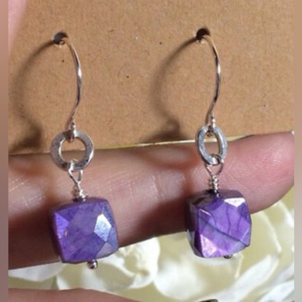 Violet Moonstone Cube & Sterling Silver Earrings Faceted Purple Gemstone Box